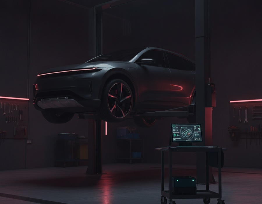 Car raised on a lift for inspection - every car is inspected before the deal